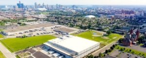 Aerial shot of Wolverine Packing Co and Detroit Skyline